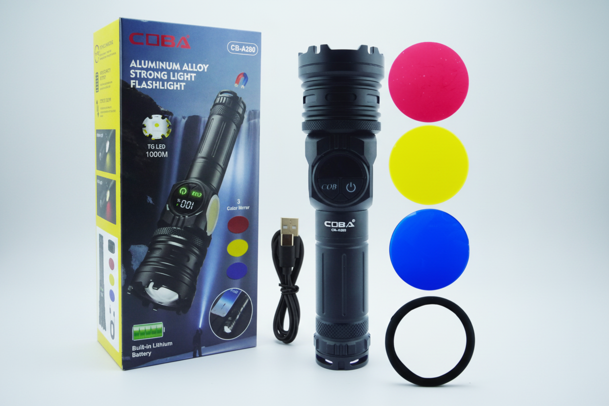 Linterna De 1 LED Y 1 LED COB, Baliza, Power Bank, Zoom Y 3 Lentes De Colores. Marca COBA