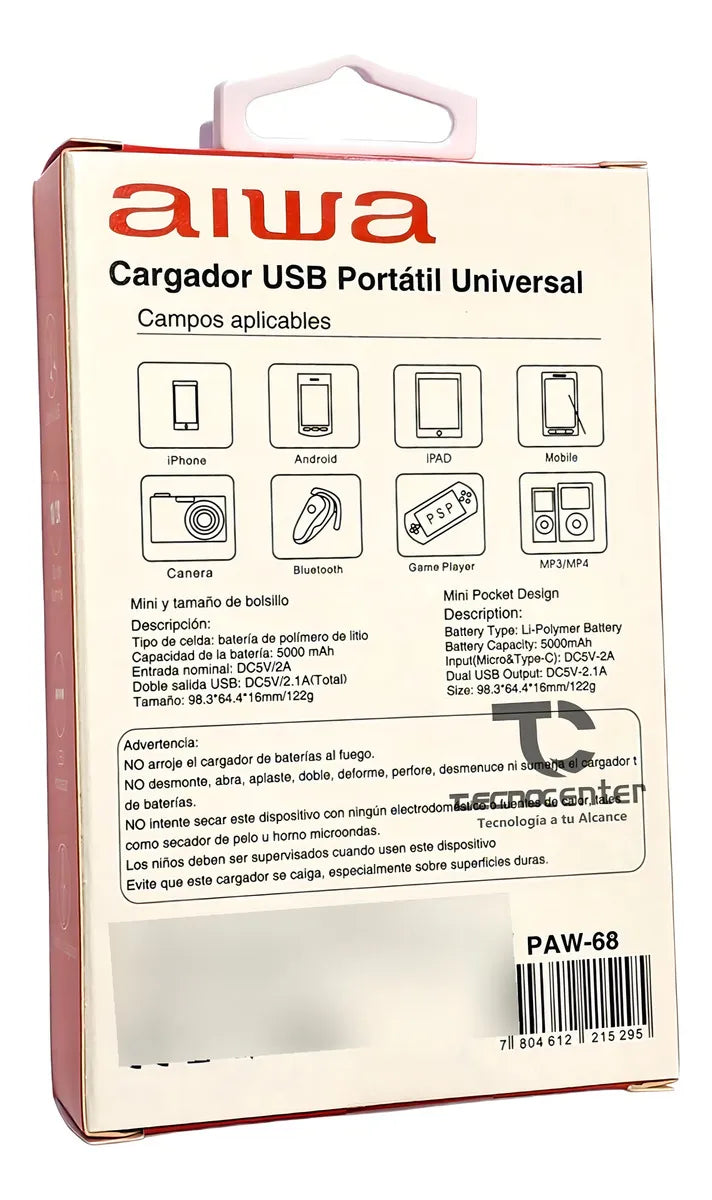 Power Bank Aiwa Cargador Portatil Usb Universal Paw-68 Color Negro