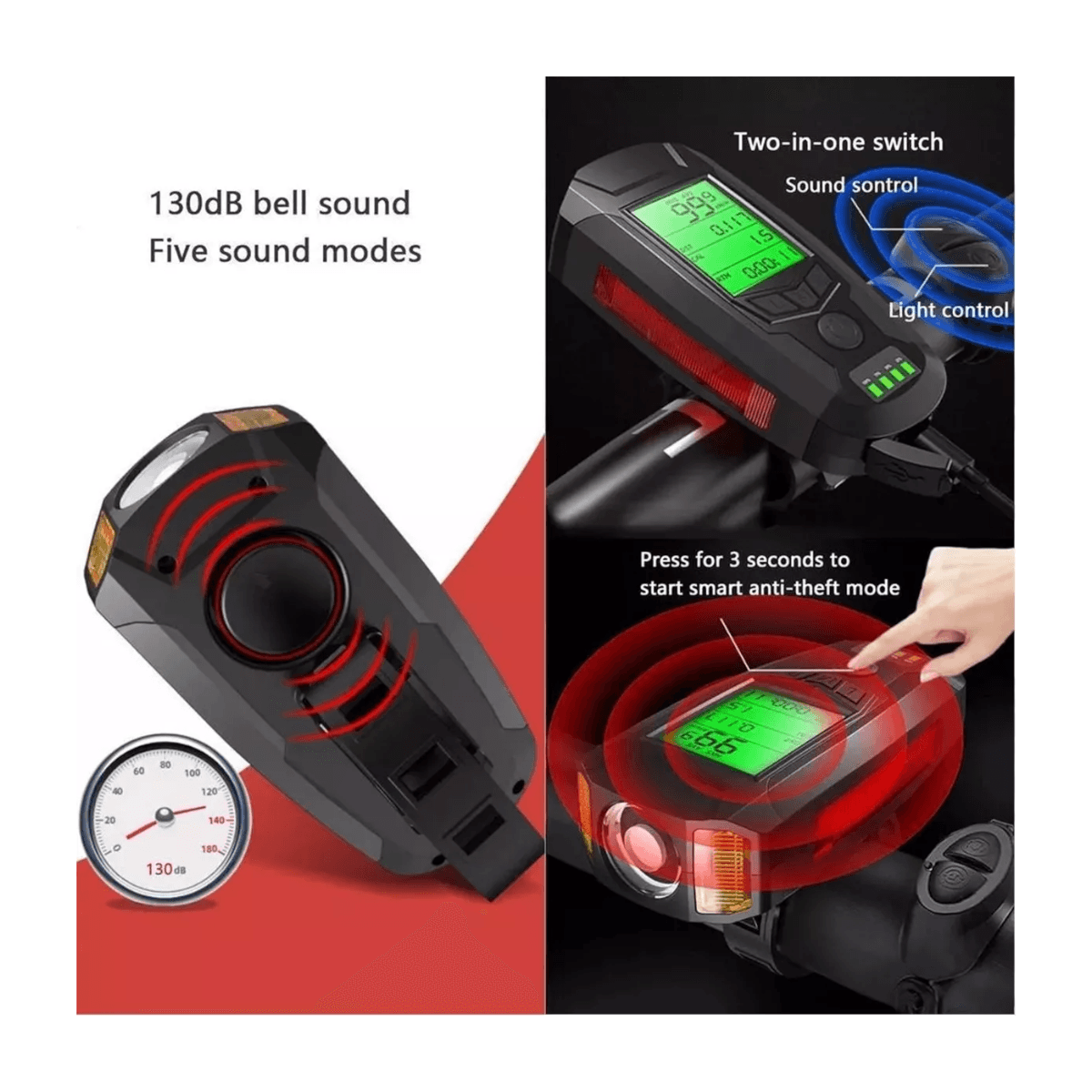 Luz Bicicleta con velocimetro bocina recargable LCB4