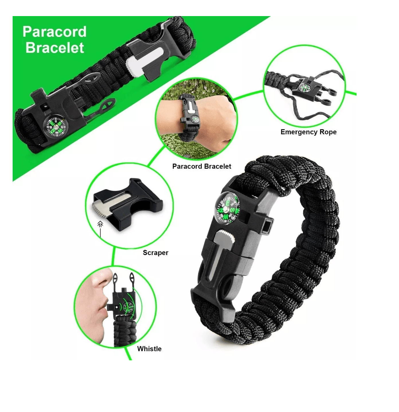 Pulsera Brujula Paracord Treking Supervivencia 5 En 1 BJ4