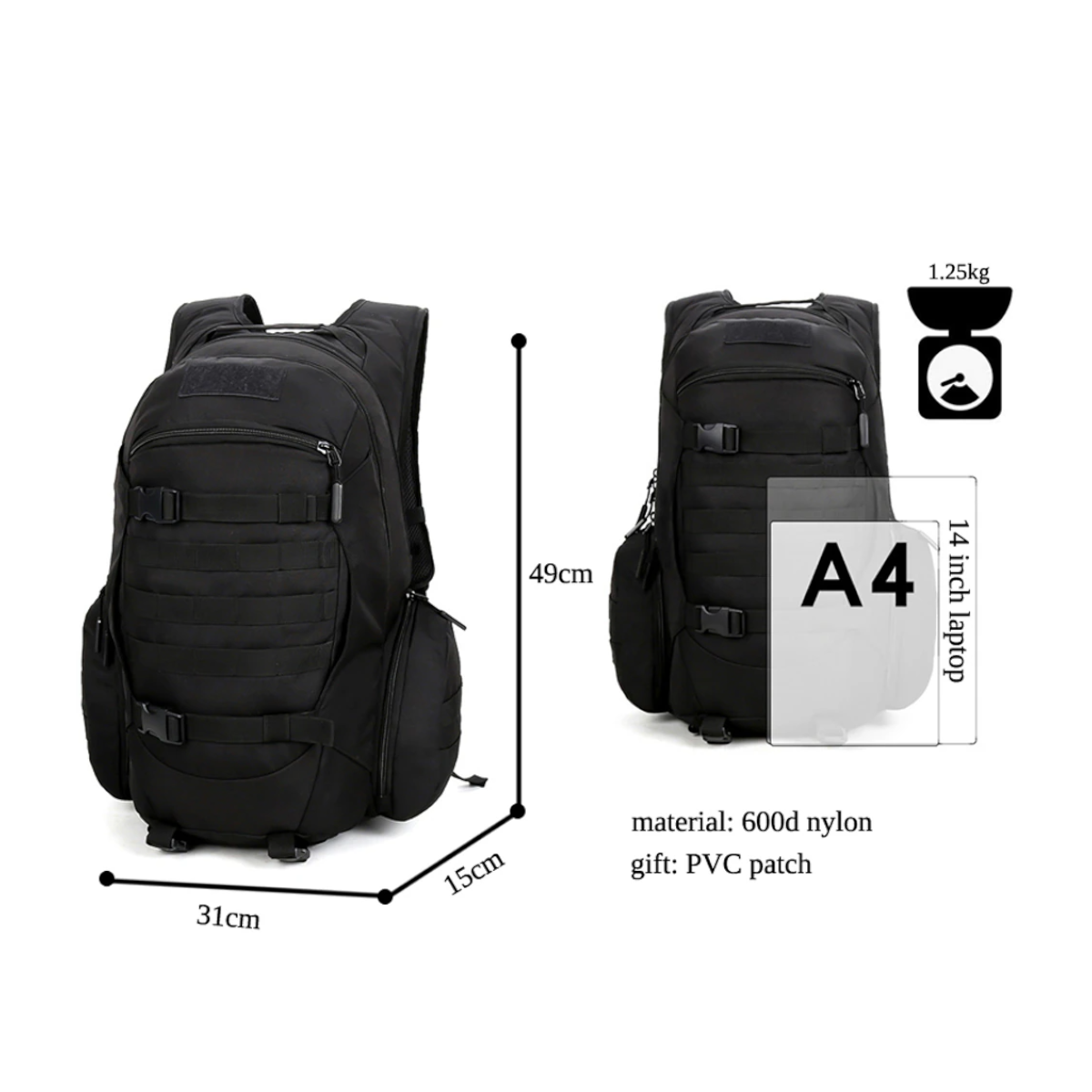 Mochila tactica impermeable negra 40L M145